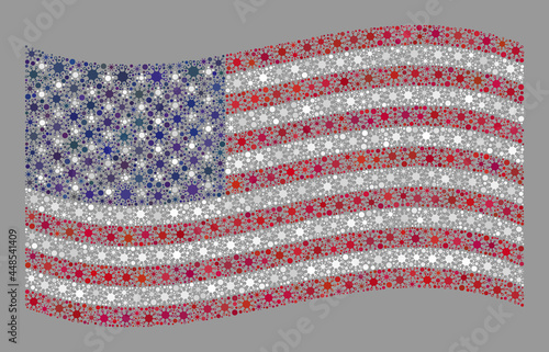 Waving mosaic USA flag created of contagious elements. USA flag collage is formed with randomized covid elements. Vector covid-2019 collage waving USA flag constructed for medicare projects.
