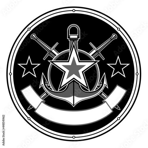 round black and white coat of arms with anchor, star, wings, swords and ribbon