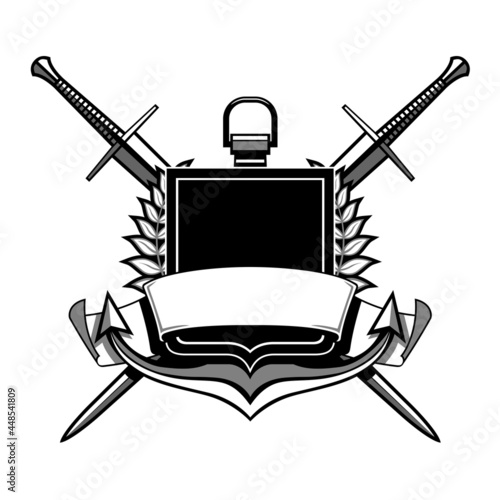 black and white coat of arms with shield, anchor, twigs with leaves, ribbon and swords