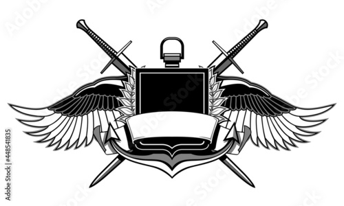 black and white coat of arms with shield, wings, ribbon, anchor and swords