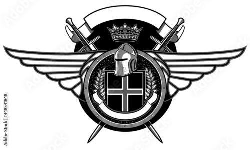 black and white coat of arms with shield, wings, ribbon, twigs with leaves and swords