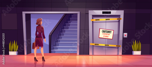 Businesswoman stand near ladder and broken lift
