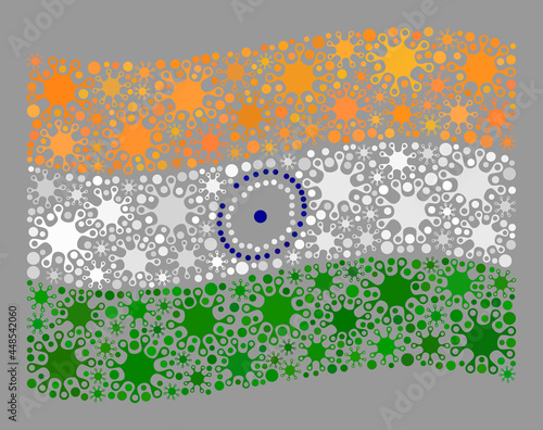 Waving mosaic India flag designed of Covid-2019 icons. India flag collage is formed from randomized bacilla icons. Vector covid-2019 mosaic waving India flag combined for medicare applications.