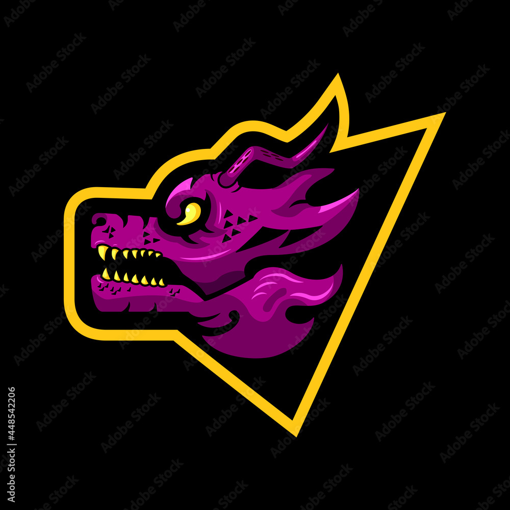Obraz premium purple dragon head illustration. scary, creative, animal, cartoon and mascot style. suitable for logo, icon, symbol and sign. such as e sports, sports, strong logo and t shirt design