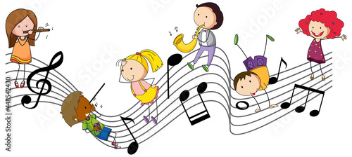 Musical melody symbols with many doodle kids cartoon character