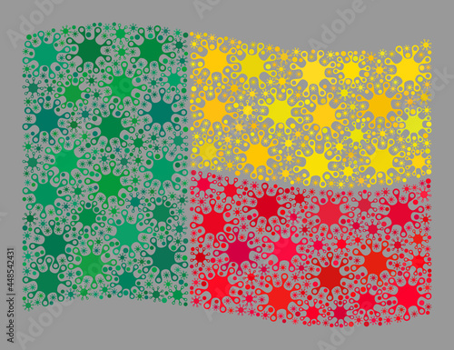 Waving mosaic Benin flag designed of virus icons. Benin flag collage is constructed of random coronavirus icons. Vector covid-2019 collage waving Benin flag constructed for lockdown wallpapers.