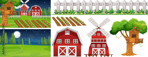 Farm element set isolated with farm scene