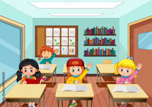 Scene with many kids studying in the classroom