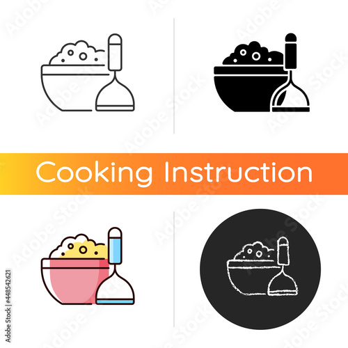 Mash potato icon. Vegan gravy recipe. Thanksgiving dish. Nutrient meal. Cooking instruction. Food preparation process. Linear black and RGB color styles. Isolated vector illustrations