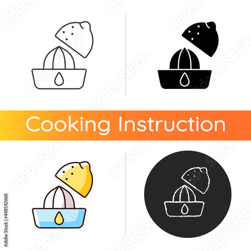 Squeeze lemon icon. Making fresh juice for diet drink. Fruit squeezer. Cooking instruction. Food preparation process. Linear black and RGB color styles. Isolated vector illustrations