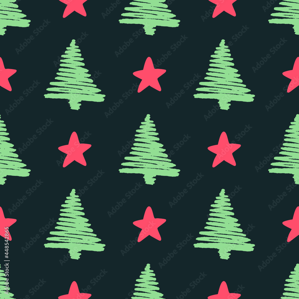 Fototapeta premium Christmas seamless pattern for greeting cards, wrapping papers. Hand drawn winter background from doodle Christmas trees, snowflakes and toys. Abstract Christmas Tree Seamless Vector Patterns. 