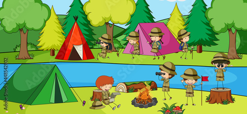 Outdoor scene with many kids camping in the park