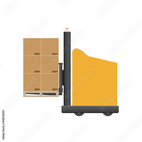 AGV Automated Guided Vehicles forklift trucks transport pallet of goods on white background. Vector and illustration design.