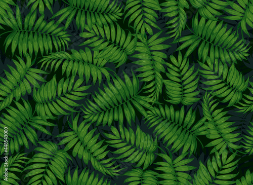 seamless pattern with tropical green palm leaves on a black background with dark leaves. bright green leaves top view. Vector illustration.