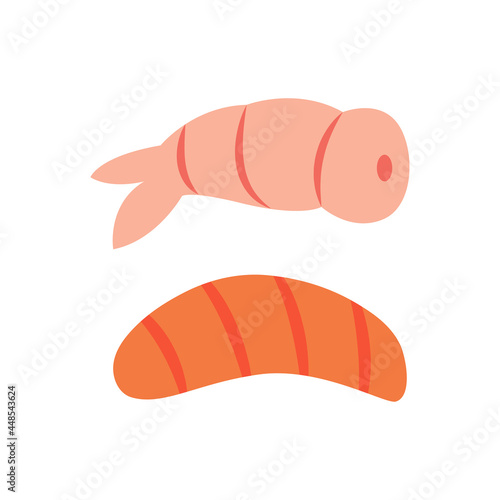 Salmon fish and shrimp seafood. Asian menu. Vector illustration, design element. Isolated on white background.