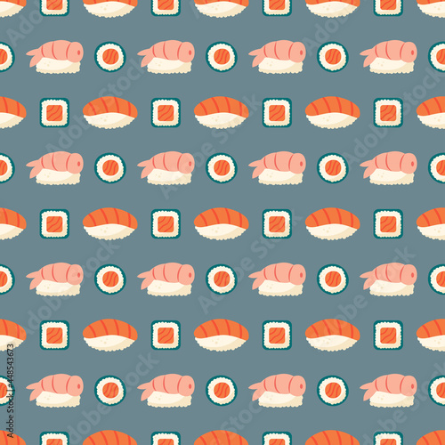 Sushi and rolls with fresh salmon fish, rice, shrimp and nori seaweed. Asian food delivery. Seamless pattern, texture, background. Packaging design, wrapping paper. Editable background color.