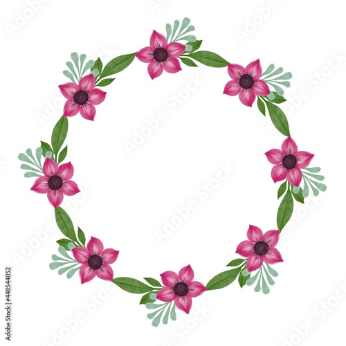 pink flower wreath, circle frame with pink flower blossom and green leaf border