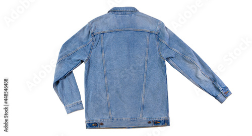 Back view - blue jeans jacket isolated on white background, denim jacket close up,