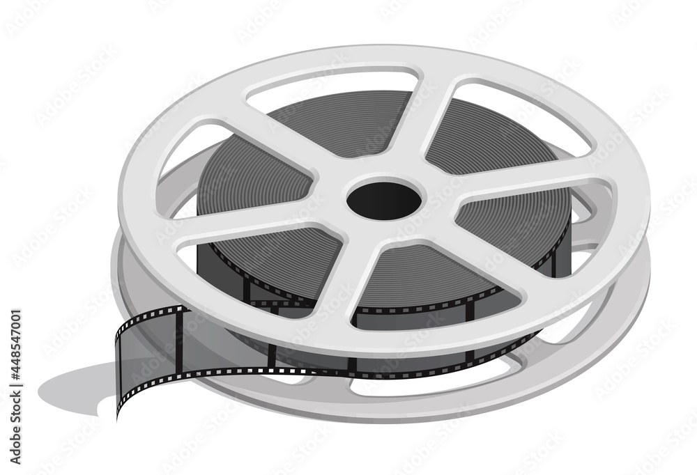 Obraz premium Isometric Reel with old 35 mm photo film. World cinema day December 28th. Realistic 3D vector isolated on white background