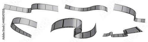 Set of photo film ribbons. Narrow strips of 35 mm tape for filming waving in wind. Separation into lower and upper layers. Design element. 3d Vector on white background photo