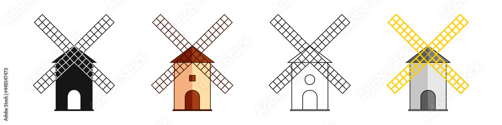 Windmill set. Rotating blades mill, vector illustration
