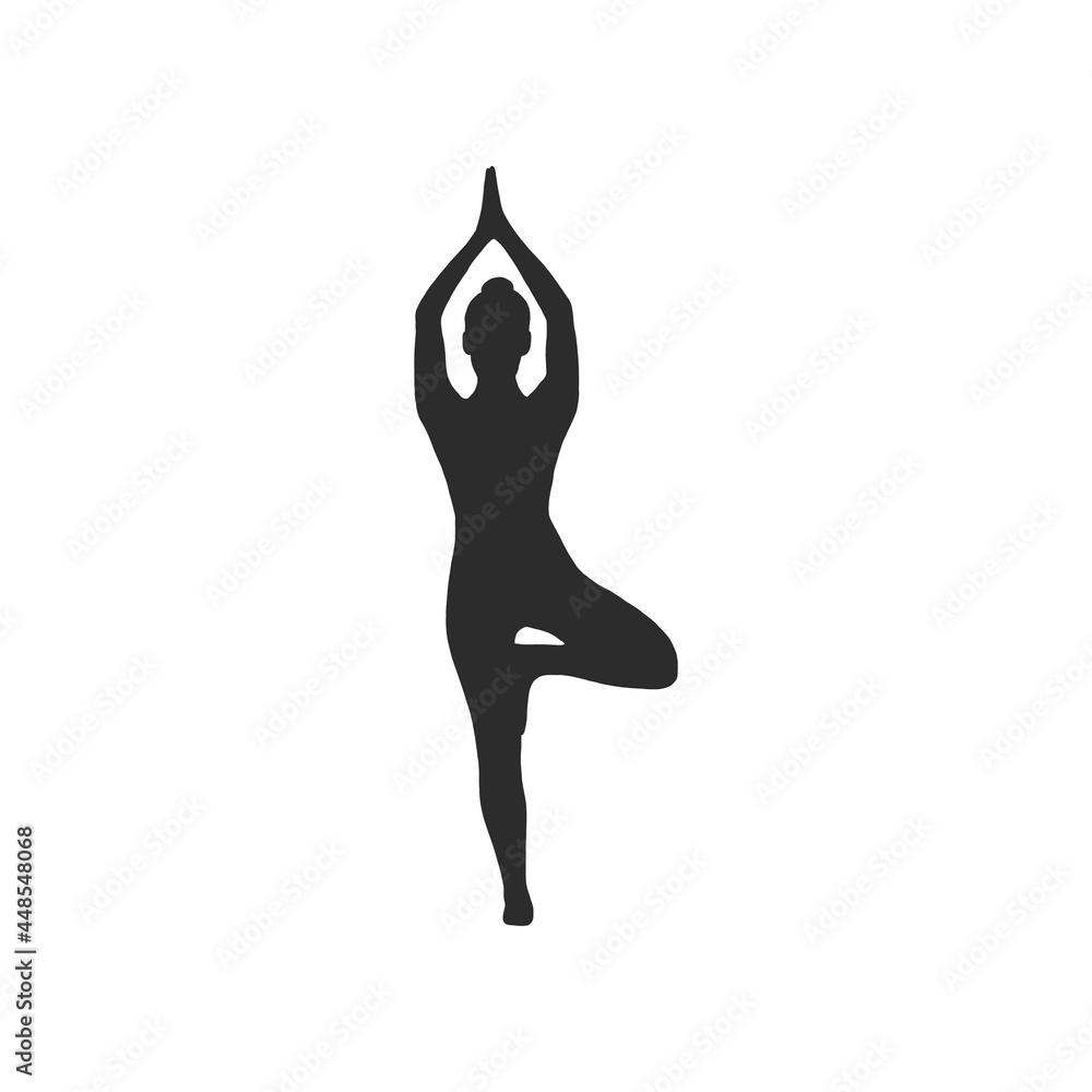 Yoga girl silhouette black and white tree pose asana. Vector illustration the sign of woman silhouette meditating. Practicing yoga. Yoga pose, women wellness concept.