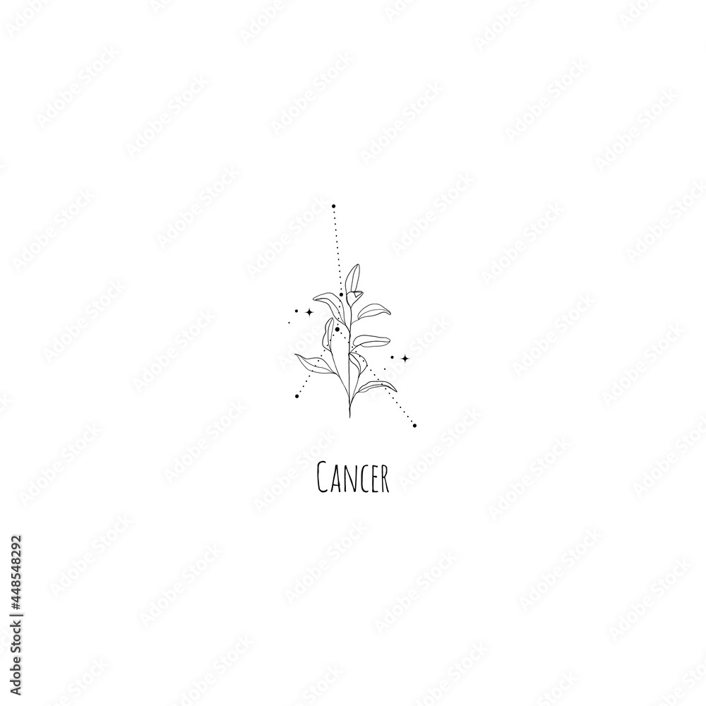 Hand drawing cancer constellation symbol with floral branch and stars. Modern minimalist mystical astrology aesthetic illustration with zodiac signs