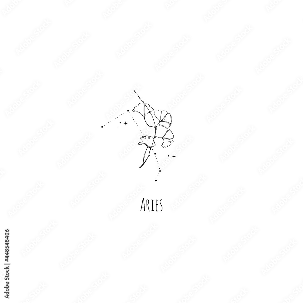 Hand drawing Aries constellation symbol with floral branch and stars