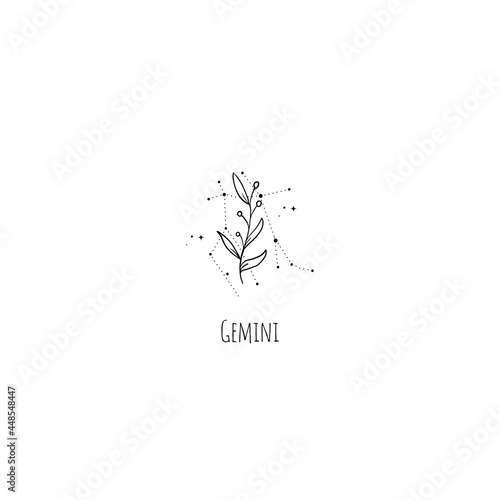Hand drawing Gemini constellation symbol with floral branch and stars. Modern minimalist mystical astrology aesthetic illustration with zodiac signs