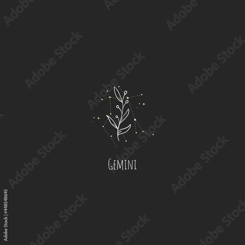 Hand drawing Gemini constellation symbol with floral branch and stars. Modern minimalist mystical astrology aesthetic illustration with zodiac signs