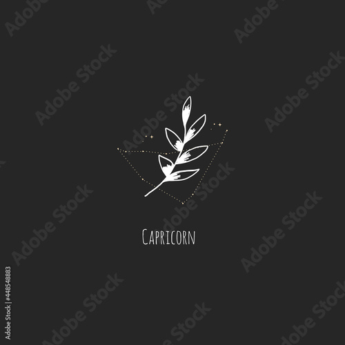 Hand drawing Capricorn constellation symbol with floral branch and stars. Modern minimalist mystical astrology aesthetic illustration with zodiac signs