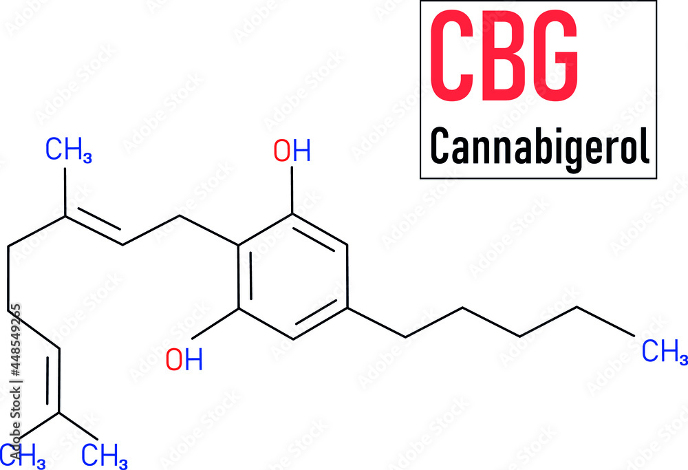 CBG molecular formula. Cannabigerol molecule structure on white background.
CBG molecular formula. Cannabigerol molecule structure on white background.