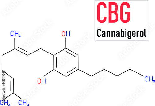CBG molecular formula. Cannabigerol molecule structure on white background.
