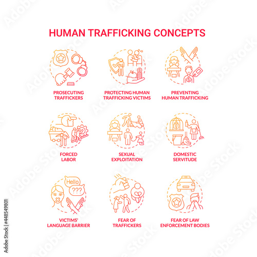 Human trafficking red concept icon set. Human smuggling idea thin line color illustrations. Forced labour and coercion. Mental trauma after abduction. Vector isolated outline drawings © bsd studio