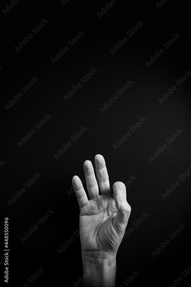 B&W image of hand demonstrating ASL sign language letter F with empty copy space B&W image of hand demonstrating ASL sign language letter F with empty copy space