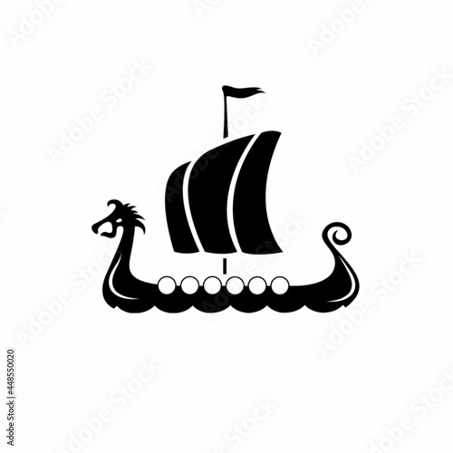 Drakkar vikings logo vector illustration. Viking transport warship. Design template. Isolated on white background. Northerners ship boat scandinavia black logo icon