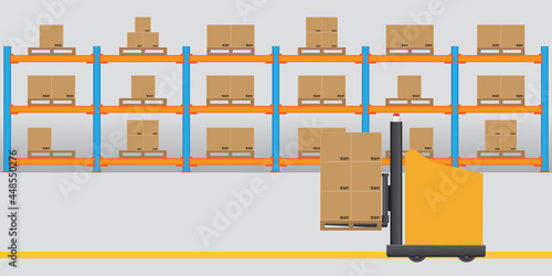 Interior of modern logistic warehouse. AGV Automated Guided Vehicles forklift trucks carrying pallet of goods. Vector and illustration design.