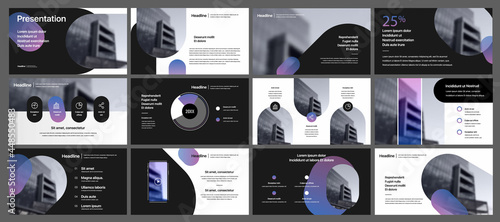 Set of vector slides for presentations and reports. Geometric elements with infographics in minimal design on a white background. Can be used for brochures, flyers, booklets, banners, web interfaces.