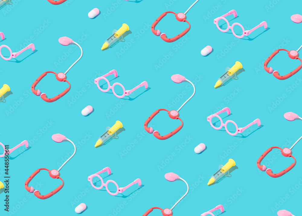 Minimal composition pattern with medical equipment on bright pastel blue. Stylish health care background. Minimal composition pattern with medical equipment on bright pastel blue. Stylish health care background.