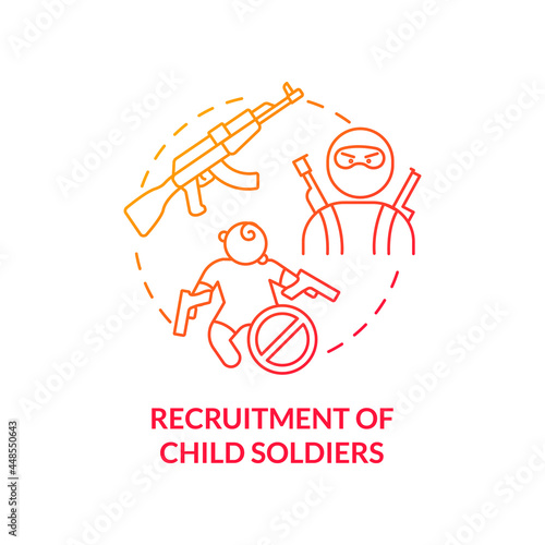 Recruitment of child soldiers red concept icon. Armed children in war abstract idea thin line illustration. Underage soldiers with weapon. Kids use in forces. Vector isolated outline color drawing