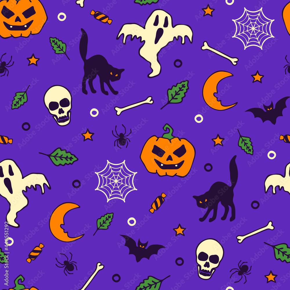 Seamless vector pattern with Halloween ghost and pumpkin on bright purple background. Simple hand drawn scary night wallpaper design. Decorative autumn fashion textile.