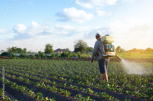 A farmer with a mist fogger sprayer sprays fungicide and pesticide on potato bushes. Protection of cultivated plants from insects and fungal. Effective crop protection, impact on environmental.