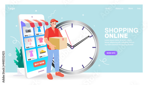 Fast delivery. Order shipment. Food and other shipping service for apps. Flat tiny shipping box persons concept. Parcel and ordered goods transport export to customer location fast in time. vector