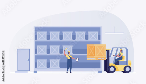 forklift loaded with box in warehouse. vector illustration