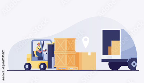 man driving forklift loader pallet truck warehouse car parcel box delivery logistic transport.