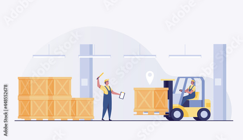 Warehouse man worker in uniform driving forklift truck stacking  palete boxes. vector illustration