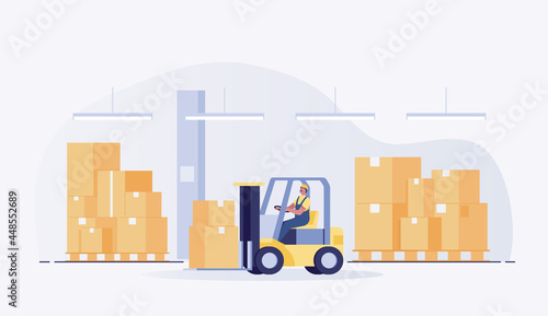forklift loaded with box in warehouse. vector illustration