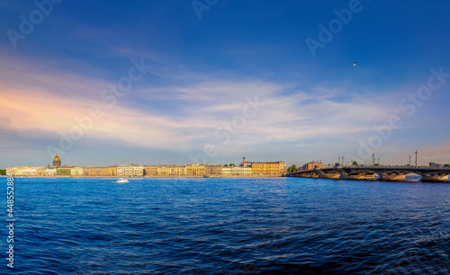 View of the river, panorama of the summer sunset St. Petersburg. Russia. Blagoveshchensky Bridge, Neva River, English Embankment, Sphinxes of the Academy of Arts, Vasilievsky Island. © Old Landscape