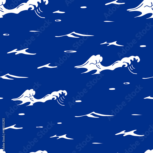 Seamless vector pattern with sea waves on blue background. Simple ocean wallpaper texture. Decorative wavy water fashion textile.