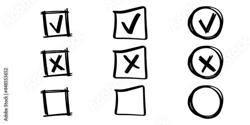 Hand drawn checkmark set. Correct and incorrect symbol. Cross symbol. Accept sign. Check mark in doodle. Sketch style. Vector EPS 10